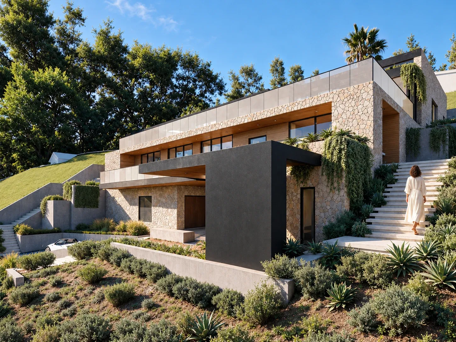 Rendering of a modern stone and wood hillside home with garden stairs